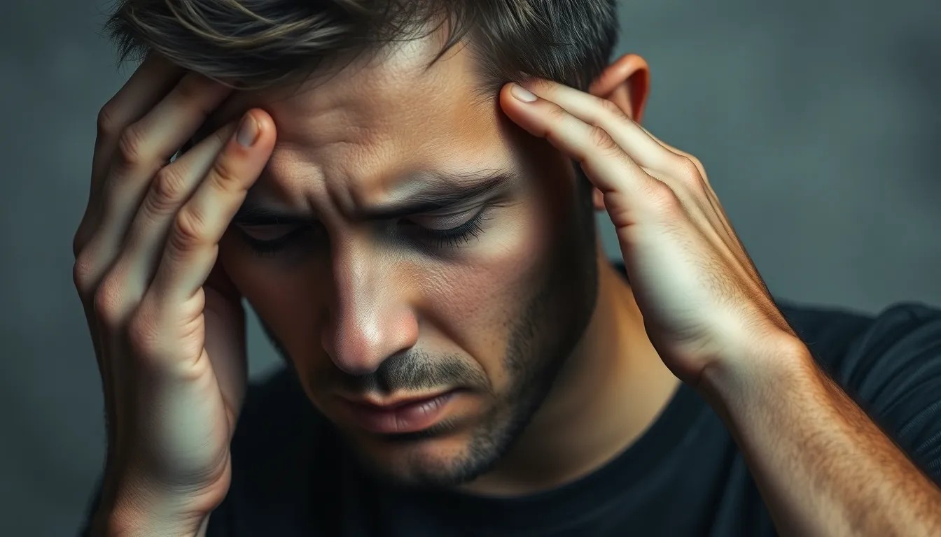 Close-up: Man houdt vanwege pijn, zoals bij brain zaps, met beide handen zijn slapen vast. Hij lijkt te lijden.