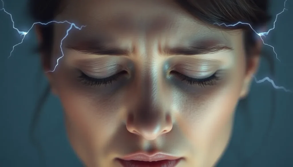 Close-up van het gezicht van een vrouw met gesloten ogen. Bliksemschichten bij haar slapen visualiseren pijnlijke brain zaps na het stoppen met antidepressiva.
