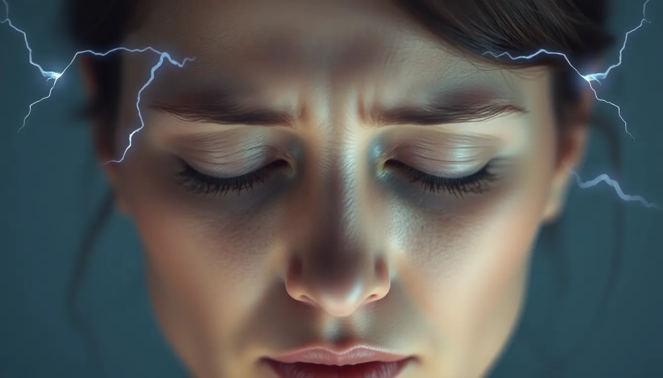 Close-up van het gezicht van een vrouw met gesloten ogen. Bliksemschichten bij haar slapen visualiseren pijnlijke brain zaps na het stoppen met antidepressiva.