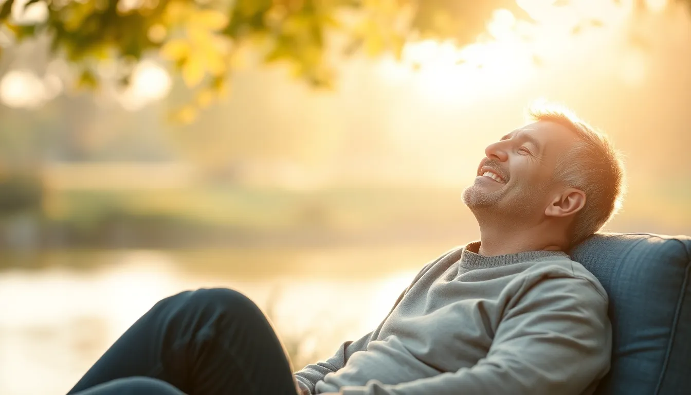 Lachende man van middelbare leeftijd ontspant buiten in de zon, geniet van de rust en symboliseert verlichting van brain zaps.