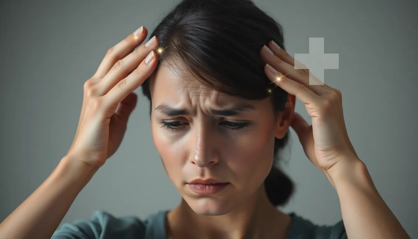 Vrouw houdt met een pijnlijk vertrokken gezicht haar slapen vast. Glinsterende stippen duiden op brain zaps, een kruis symboliseert hulp.