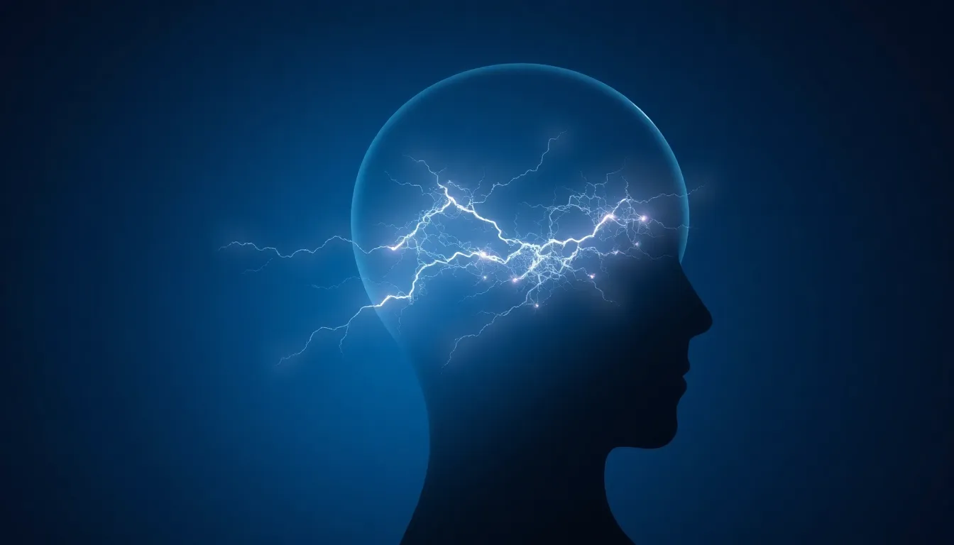Silhouet van een menselijk hoofd in profiel op een blauwe achtergrond. Binnenin symboliseren zichtbare, heldere bliksemflitsen brain zaps