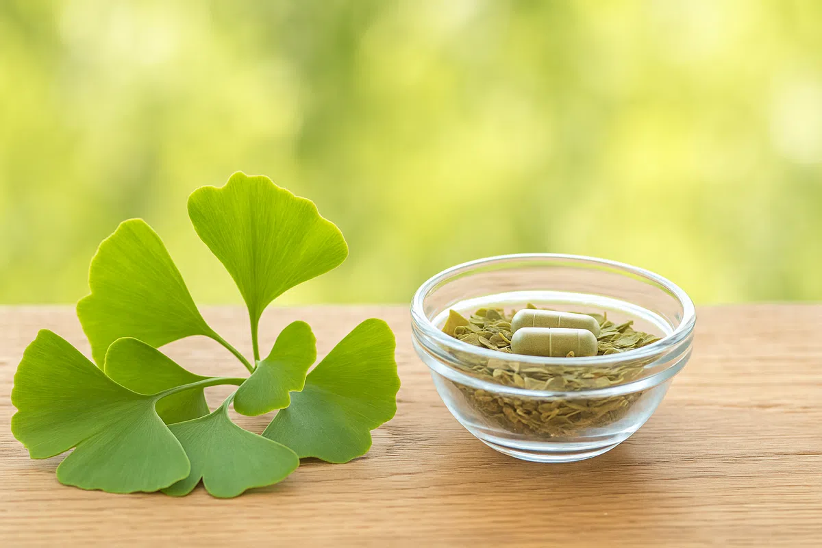 Groene ginkgobladeren en preparaten op een houten tafel als een natuurlijke remedie tegen angsten en fobieën om de bloedcirculatie in de hersenen te ondersteunen.