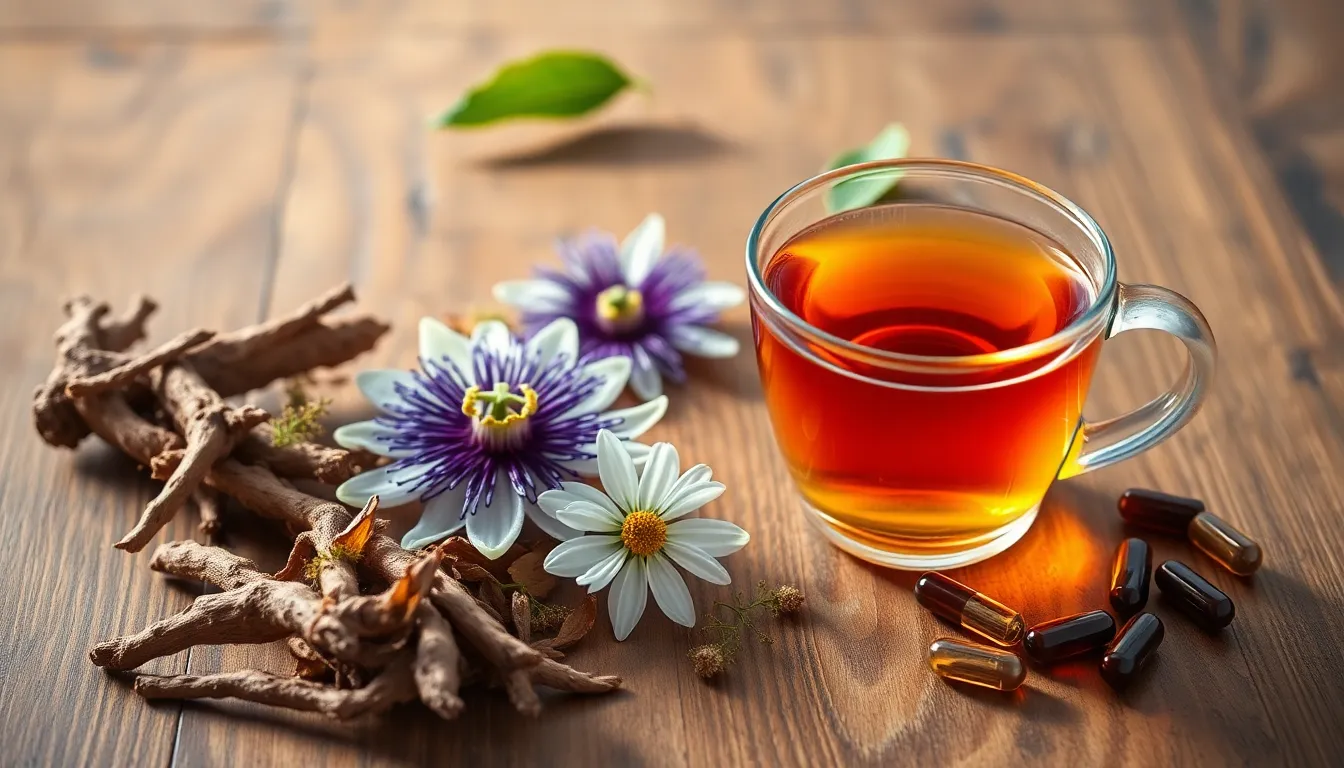 Natuurlijke remedies zoals valeriaan thee, passiebloem en capsules met liggen op een houten tafel om angst en fobieën zachtjes te verlichten